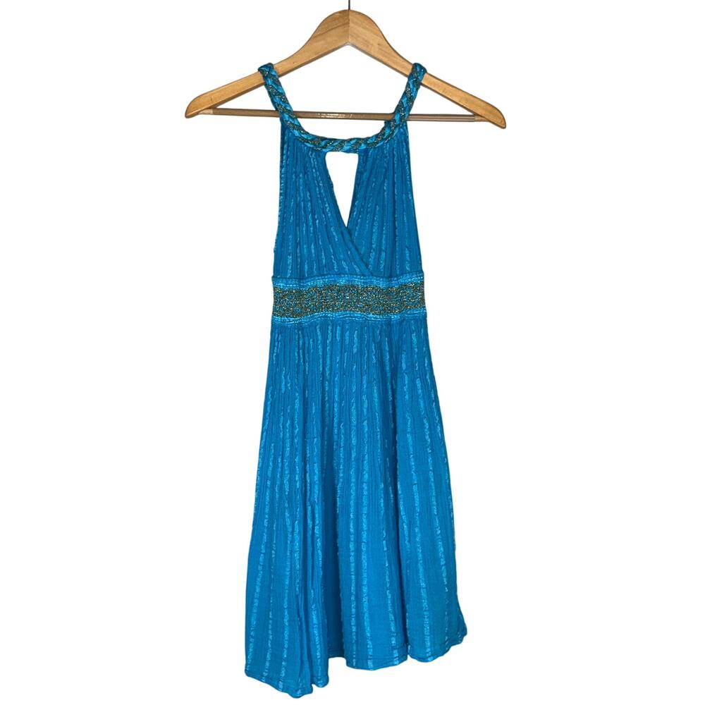 Y2K Halter Aqua Blue Mini Dress Womens 5 Grecian Style Greek Goddess Shimmery